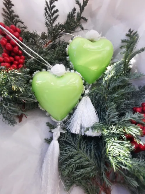 Новорічна Іграшка на ялинку Серце ніжно салатове